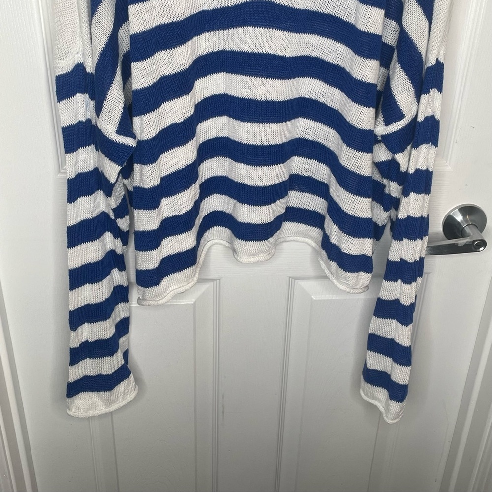 Madewell Linen V-Neck Sweater Beach Vacation Preppy in Sapphire Blue Stripe 2X - Picture 6 of 14